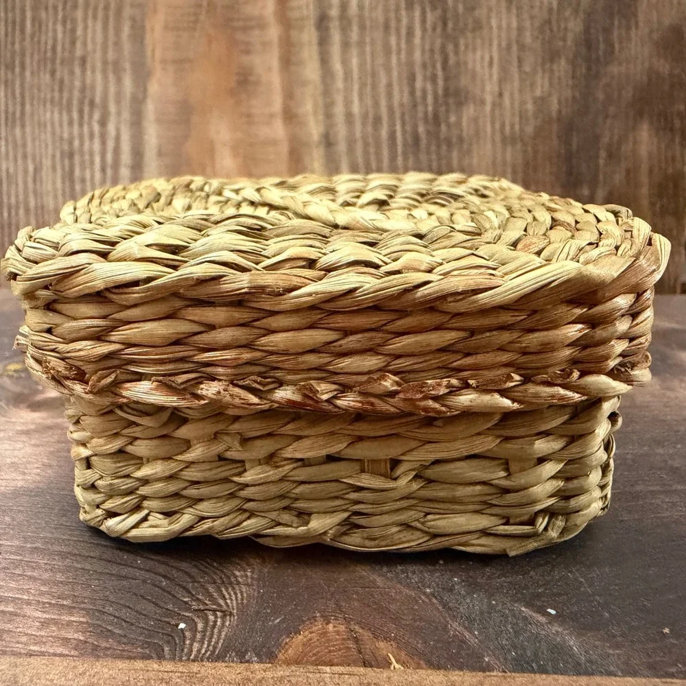 Small Woven Seagrass Square Trinket Box with Lid Natural Brown Boho Decor
